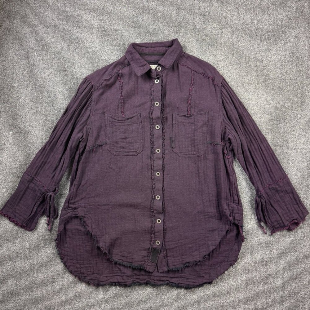We the Free People Venice Oversized Linen Button Down Shirt Top Sz XS Burgundy